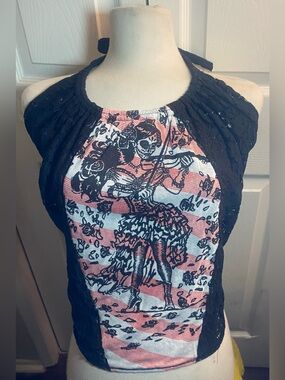 Black Halter Tank with Pink & White Striped Skeleton Graphic